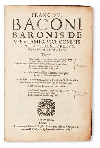 SCIENCE  BACON, FRANCIS, Sir.  Operum moralium et civilium tomus.  1638.  Lacks the portrait.